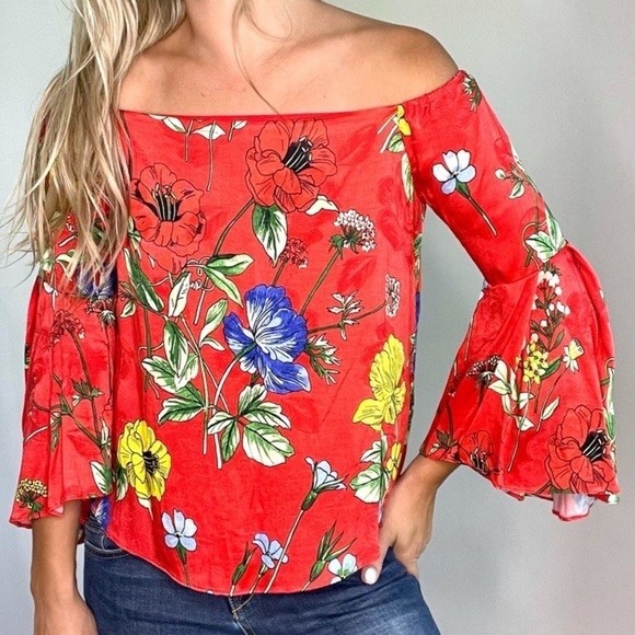 NWT Alice + Olivia Top Red Floral Off Shoulder Bell Sleeves Womens Med Boho Chic - Picture 1 of 8